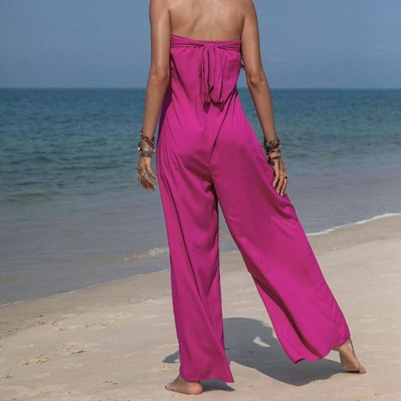 Pink Preppy Womens Contrast Geo Embroidery Tape Tube Wide Leg Jumpsuit - Picture 2 of 5